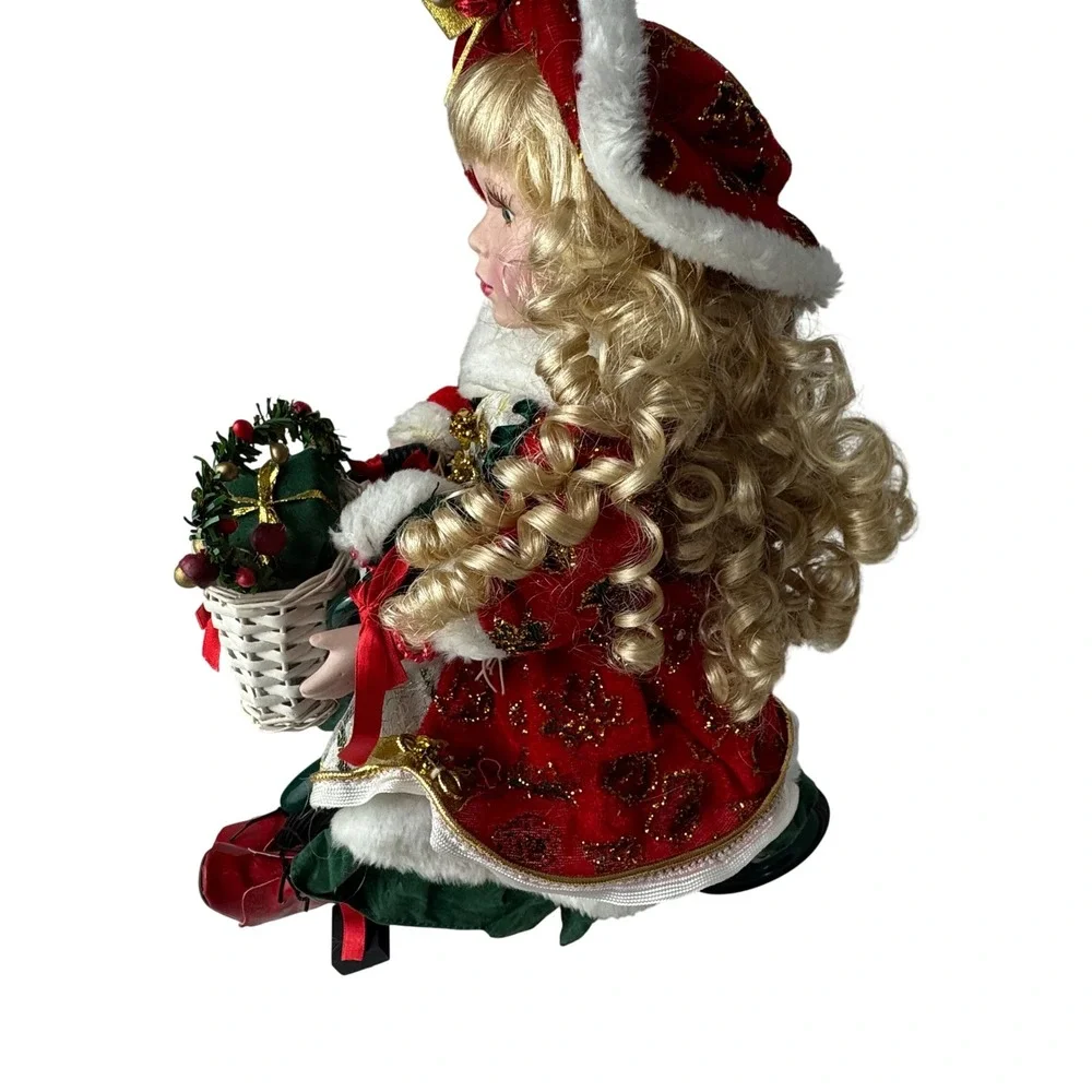 Vintage Porcelain Christmas Doll on Tricycle Red Velvet Gold Glitter 16‎ inch